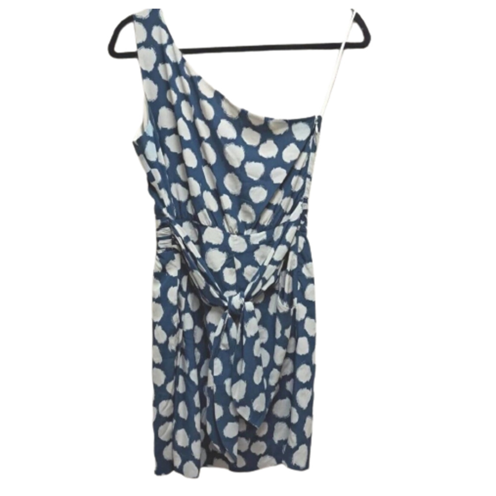 Theory Vivien Dress Womens Size 2 Blue Silk Ikat Beige Dot One Shoulder Side Zip